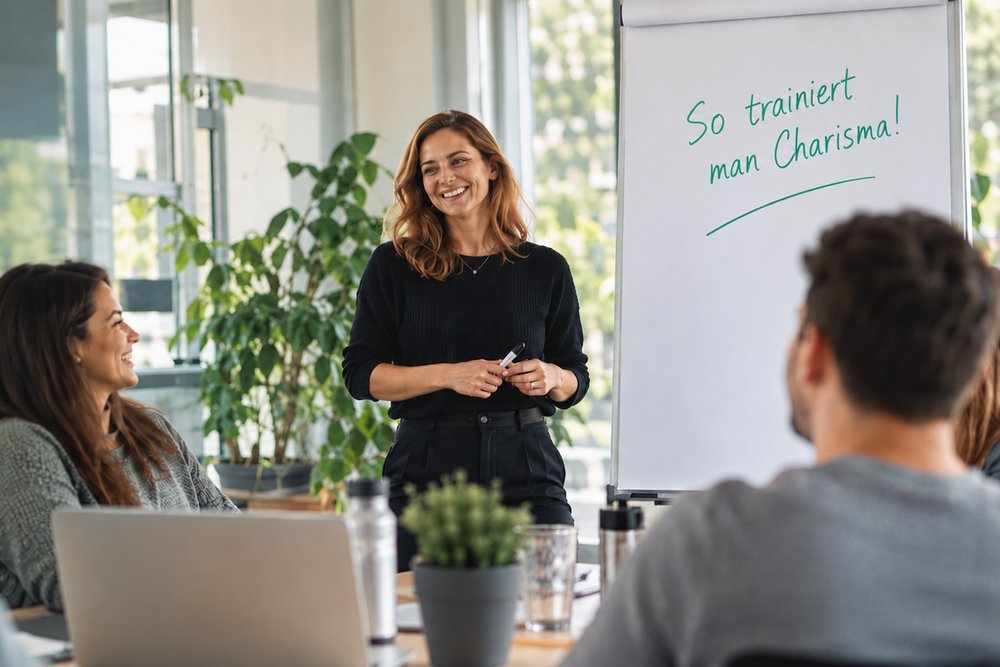 Trainerin vor dem Flipchart mit dem Schriftzug: So trainiert man Charisma!