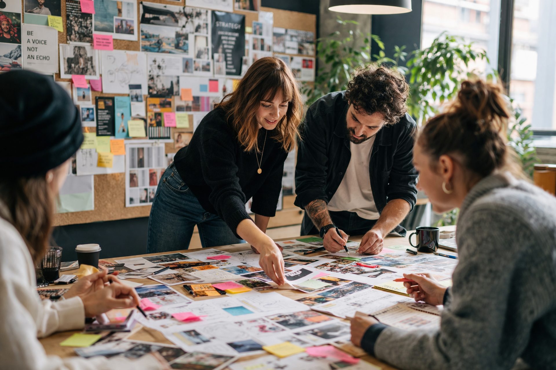 Team arbeitet am Tisch an Entwürfen