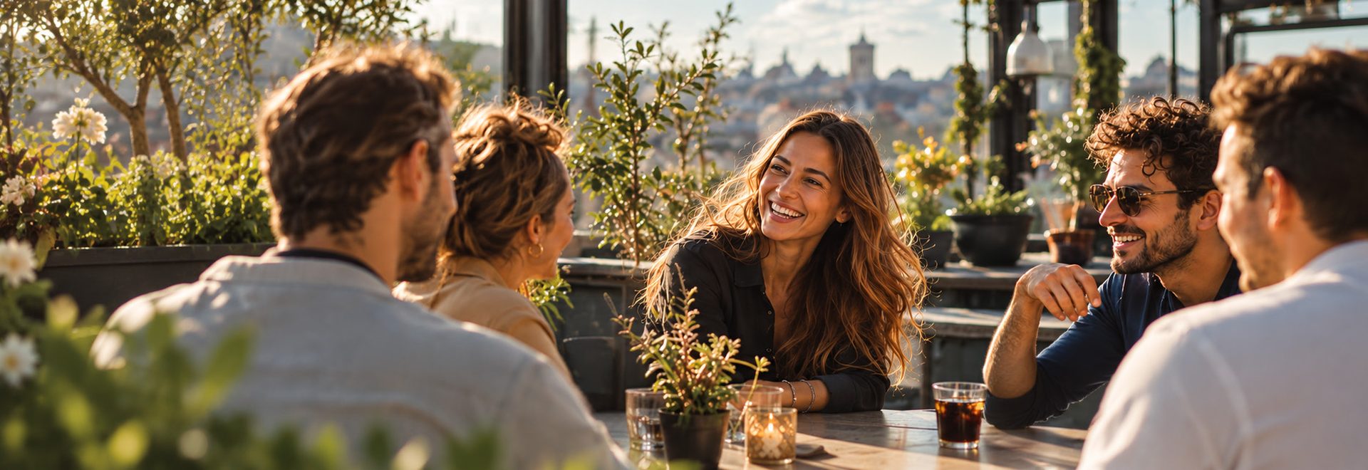 Drei Menschen lachen gemeinsam an einem Tisch auf einer Terrasse