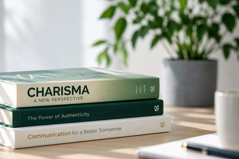 Gestapelte Bücher zum Thema Charisma auf einem Tisch