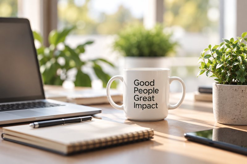 Arbeitsplatz mit Notebook, Notizblock und einer Tasse mit der Aufschrift „Good People Great Impact“