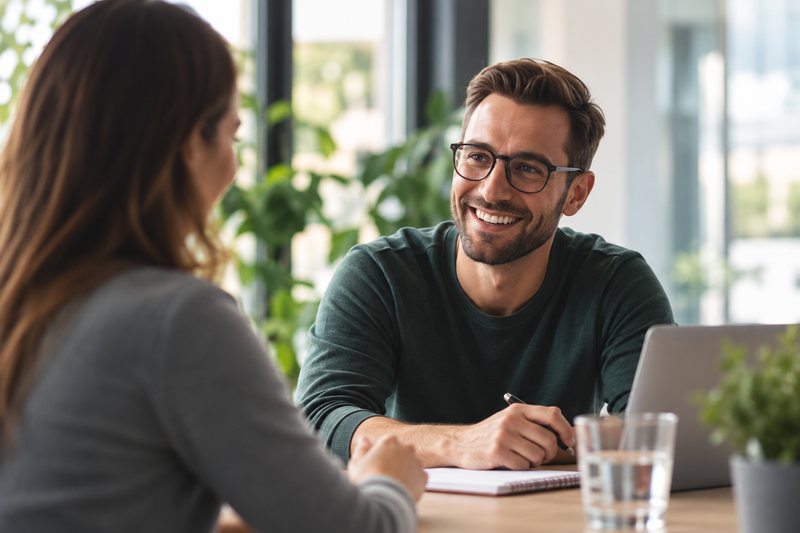 Zwei Personen im vertraulichen Gespräch an einem Tisch