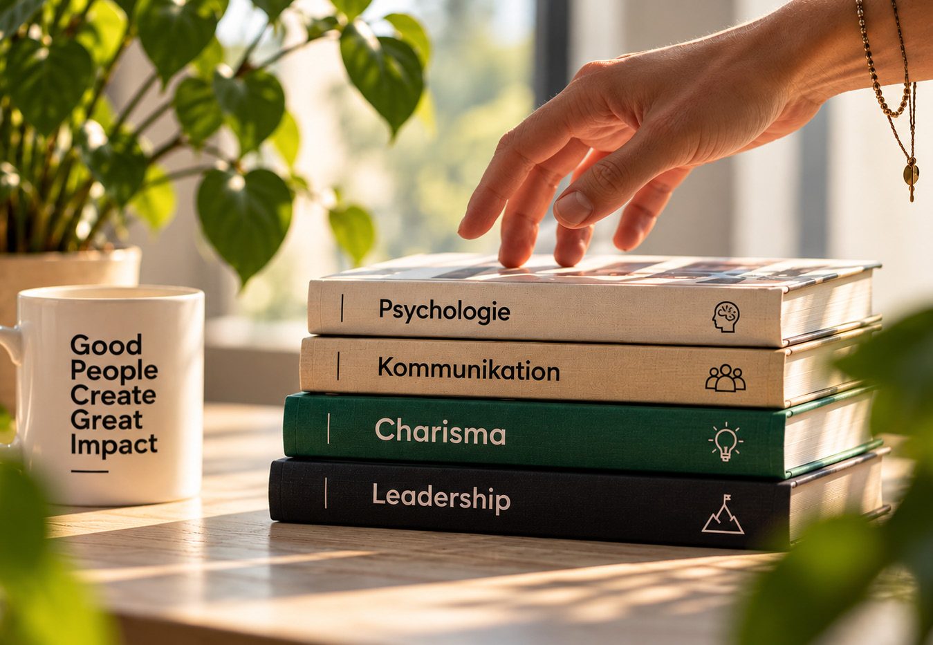Hand legt Bücher mit den Titeln Psychologie, Kommunikation, Charisma und Leadership aufeinander